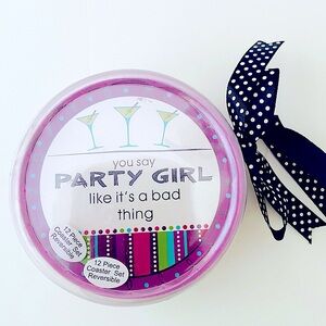 Ganz 12 Piece Coaster Set Reversible "you say PARTY GIRL like it's a bad thing"